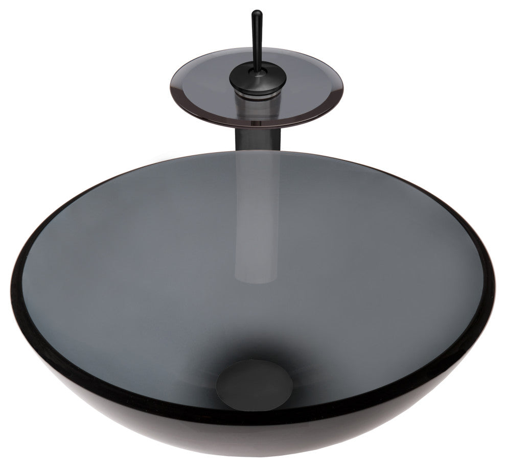 Nera Round Clear Slate Grey Glass Vessel Bath Sink Combo with Faucet and Drain, Matte Black