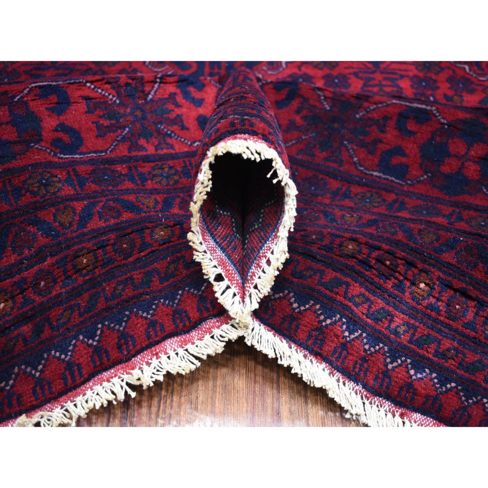 Deep and Saturated Red, Hand Knotted Afghan Khamyab Pure Wool Rug, 9'7"x12'9"
