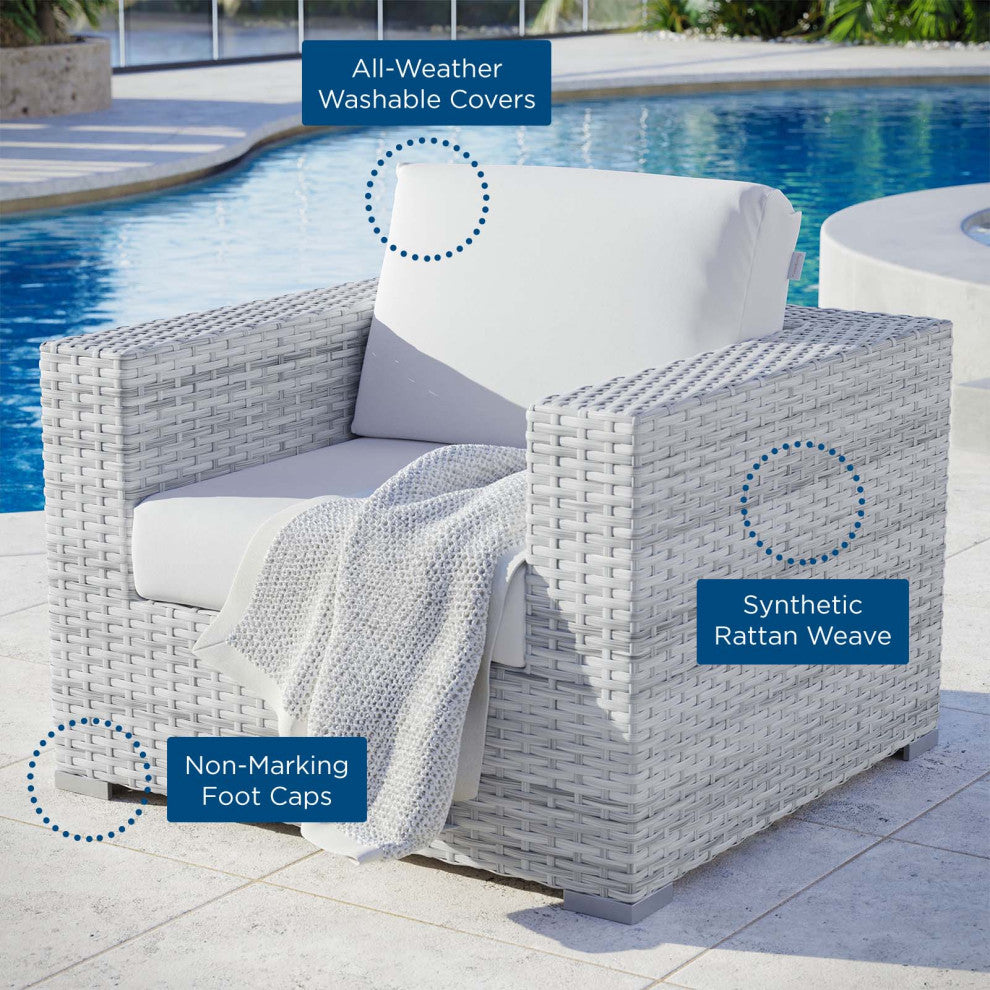 Lounge Chair Armchair, Rattan, Wicker, Gray White, Modern, Outdoor Patio
