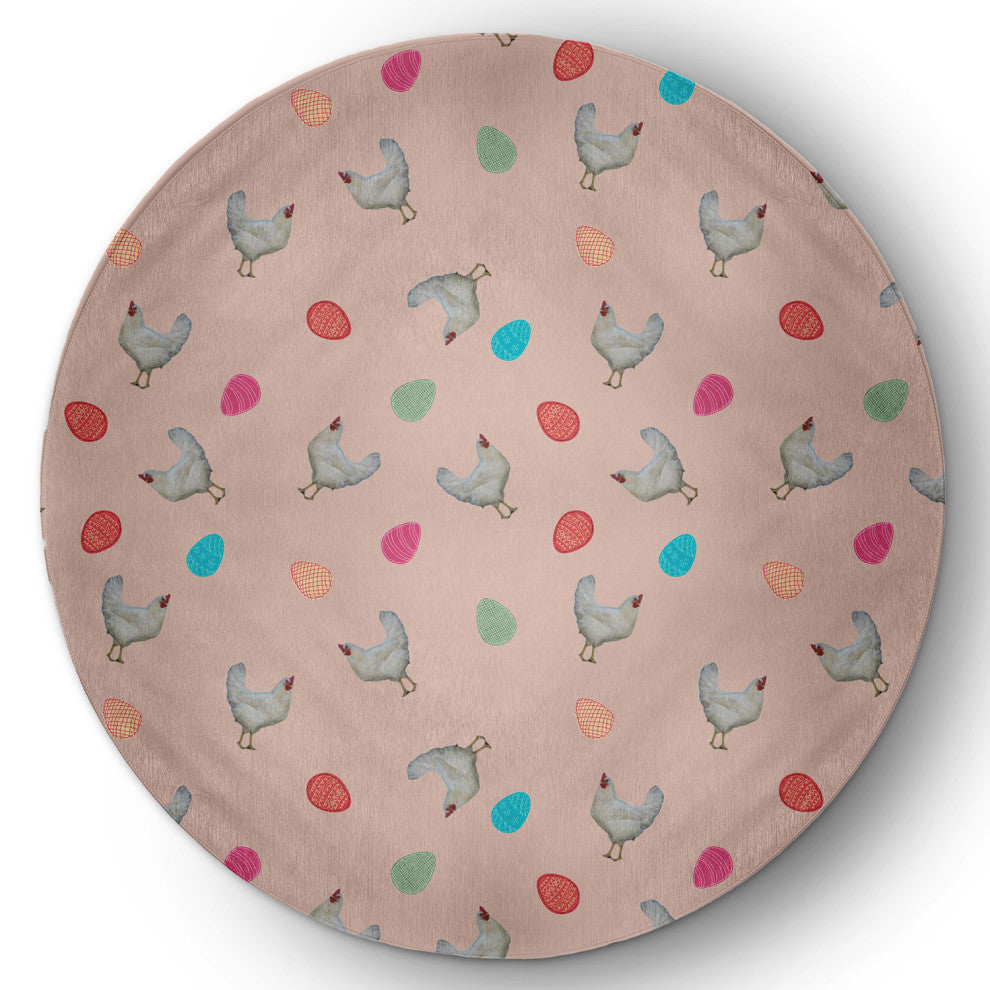 Chickens and Eggs Easter Chenille Rug, Sunwashed Red, 5' Round