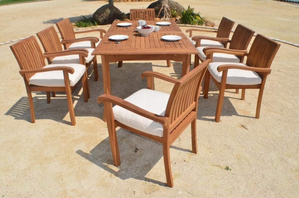 9-Piece Outdoor Teak Dining Set, 94" Rectangle Table, 8 Nain Stacking Chairs