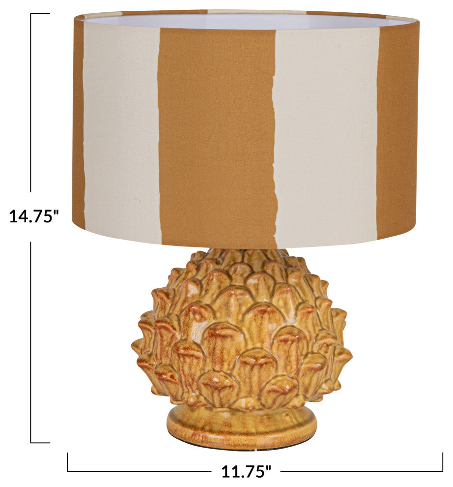 60 Watt Artichoke Finial Stoneware Table Lamp, Mustard and Cream Color, Set of 2