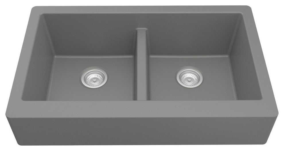 Karran Retrofit Farmhouse Quartz 34" Double Bowl Sink, Grey