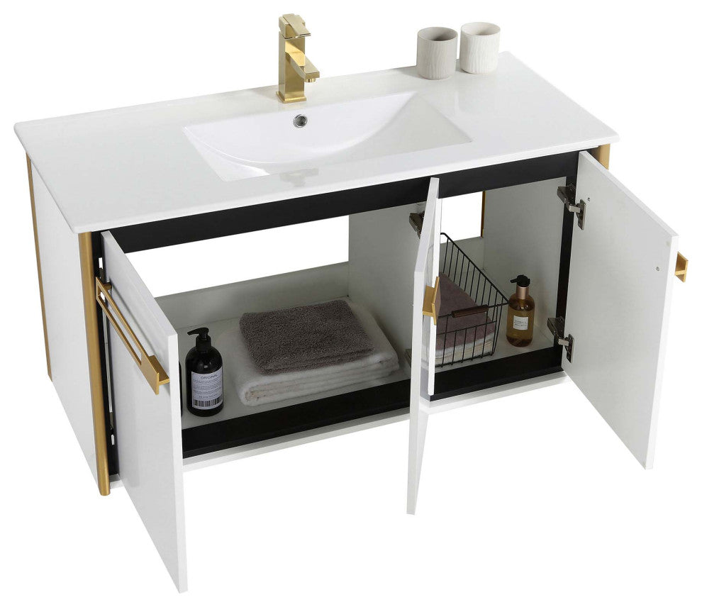 Oakville Wall Mount Bathroom Vanity, White Matte, 42", Satin Brass Hardware