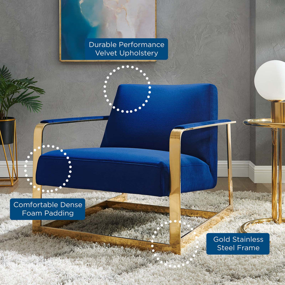 Accent Chair, Velvet, Metal, Gold Blue Navy, Modern, Living Lounge Hospitality