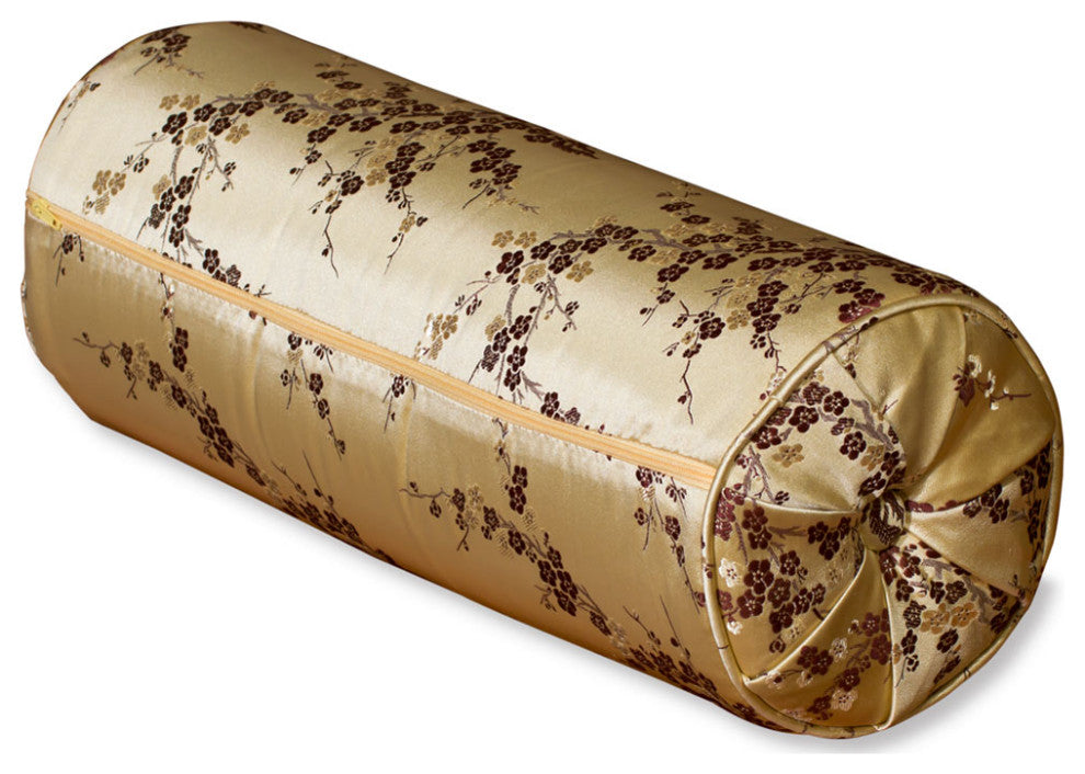 Gold Silk Plum Blossom Motif Chinese Bolster Pillow