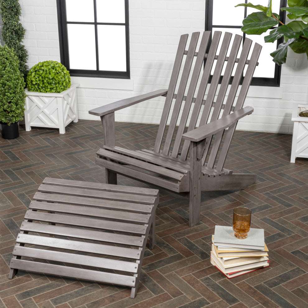 2-Piece Traditional Rustic Acacia Wood Adirondack Chair With Detachable Ottoman