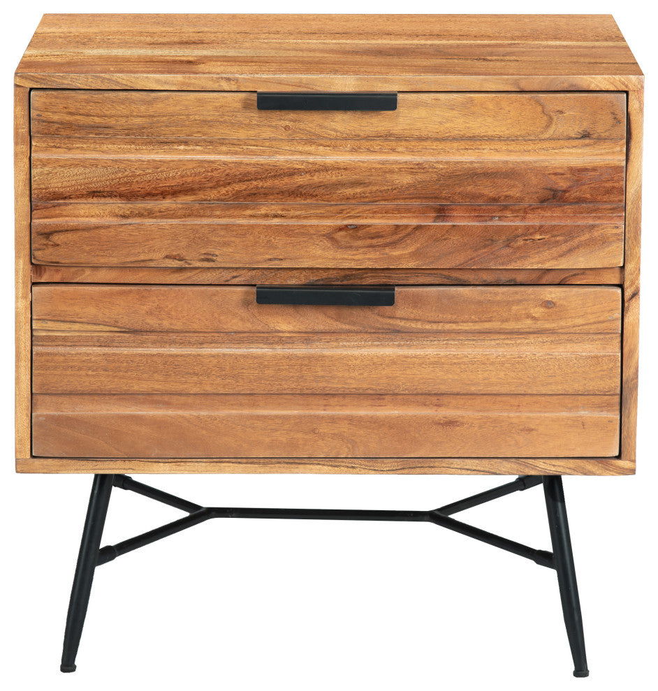 2 Drawer Wooden Nightstand With Metal Angled Legs Black and Brown