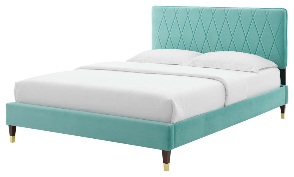 Platform Bed Frame, King Size, Velvet, Blue, Modern Contemporary, Bedroom Master