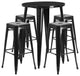 30" Round Black Metal Bar 5-Piece Table Set With 4 Square Seat Backless Stools