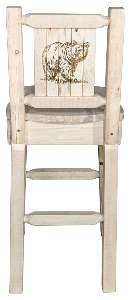 Homestead Bar Stool With Back, Laser Engraved Bear Design, Ready to Finish