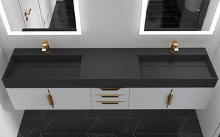 CastelloUSA Amazon 84" Wall Mounted Bathroom Vanity Set, White, Black Top, Gold Handles