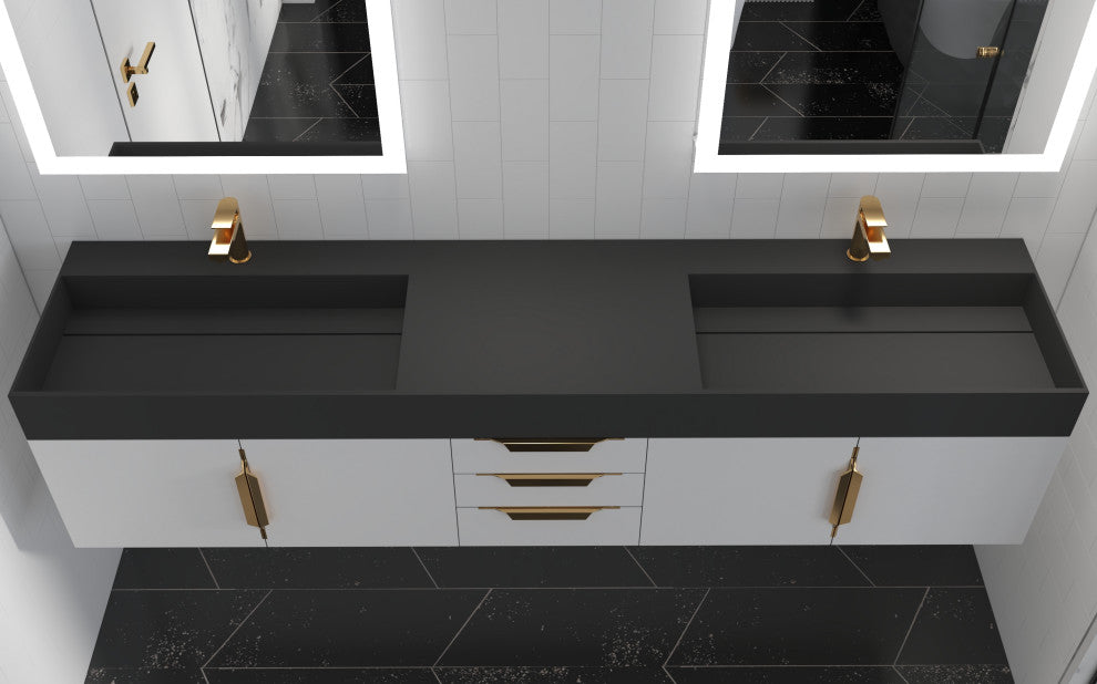 CastelloUSA Amazon 84" Wall Mounted Bathroom Vanity Set, White, Black Top, Gold Handles