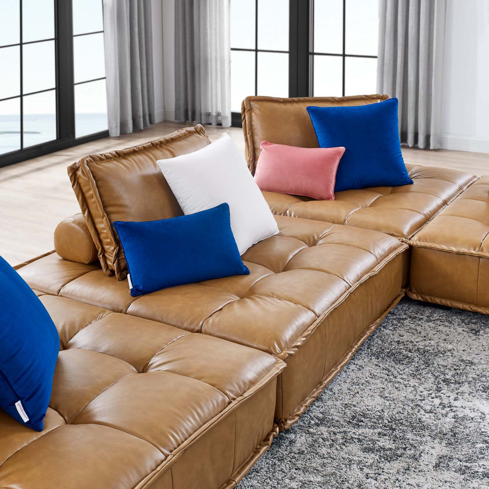 Modular Deep Tufted Sectional Sofa Set, Tan, Fabric, Modern, Lounge Hospitality