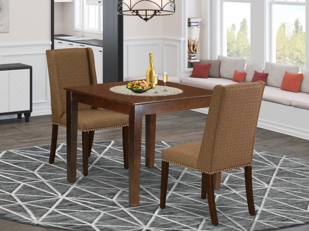 3Pc Kitchen Set, Living Table & 2 Kitchen Chairs, Brown Beige Seat, Mahogany