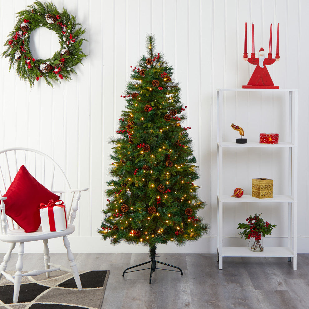 6' Mixed Pine Faux Xmas Tree With 250 Clear LED Lights, Pine Cones and Berries
