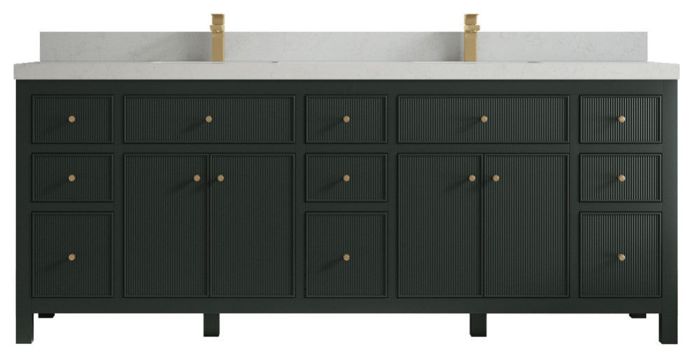 Sonoma 84 Double Sink Reeded Bath Vanity in Dark Forest Green 2" Carrara Quartz