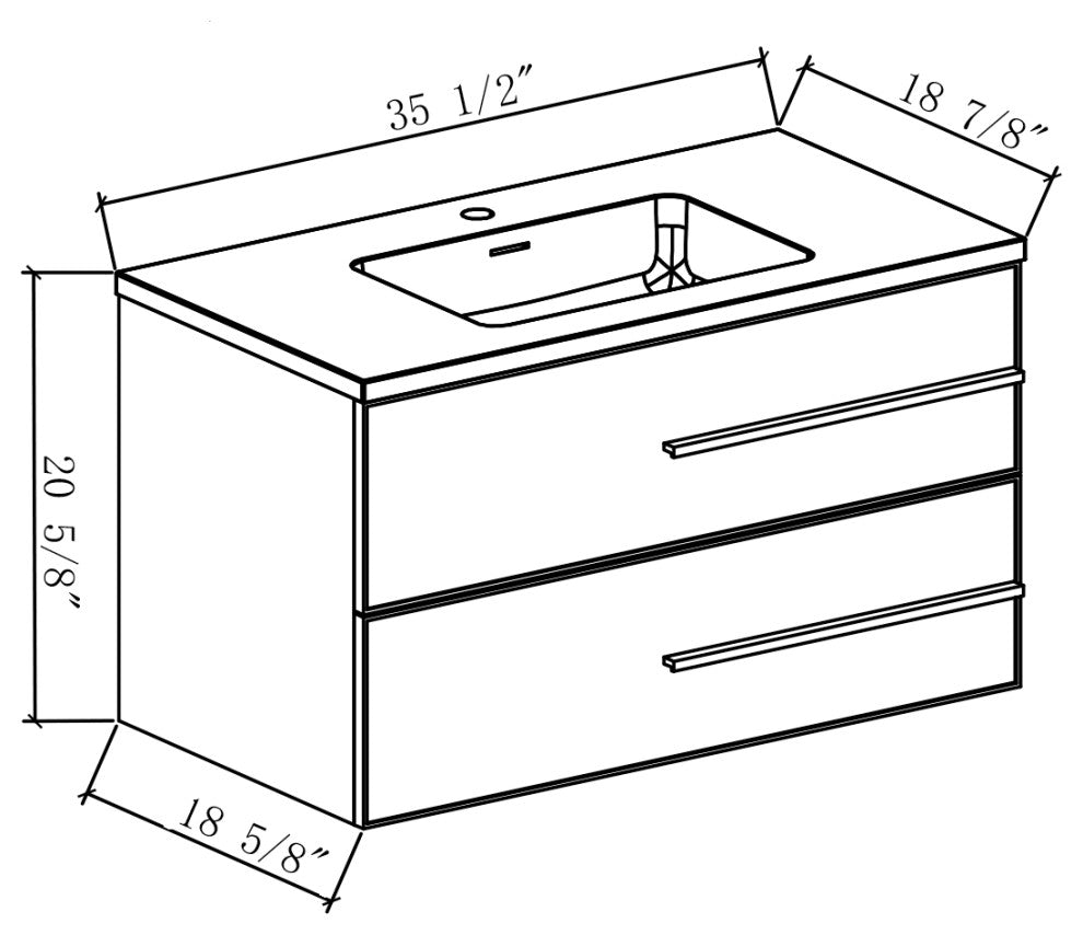 Wall-Mounted White Vanity with Sink Top and Two Drawers, 36"