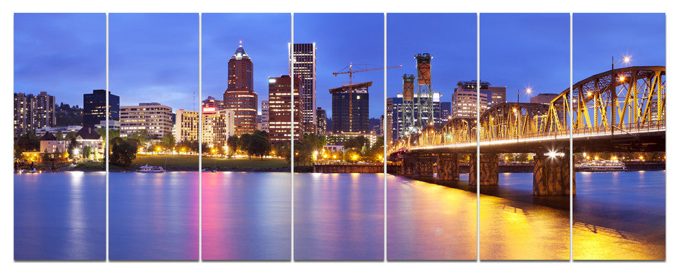 Skyline across the Willamette River, Cityscape Canvas Print, 83"x32", 7 Panels