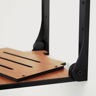 Silhouette Folding Wall Mount Shower Bench Seat, Teak Seat With Matte Black Frame