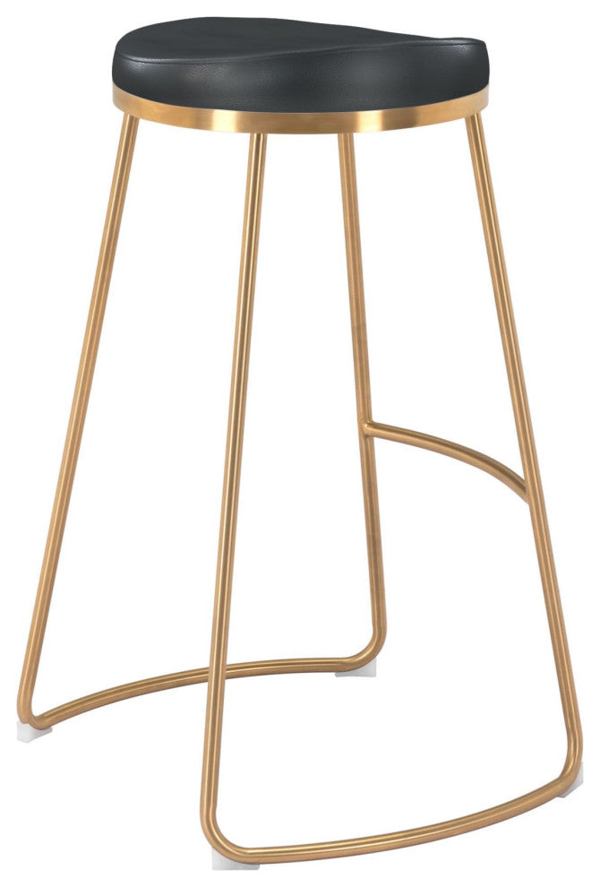 Bar Stool Chair Barstool, Set of 2, Faux Vinyl Leather, Steel, Black, Gold