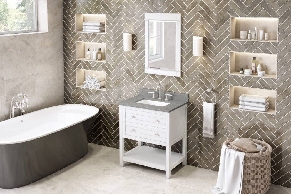 Astoria Transitional 30" White Vanity, Steel Grey Cultured Marble Vanity Top
