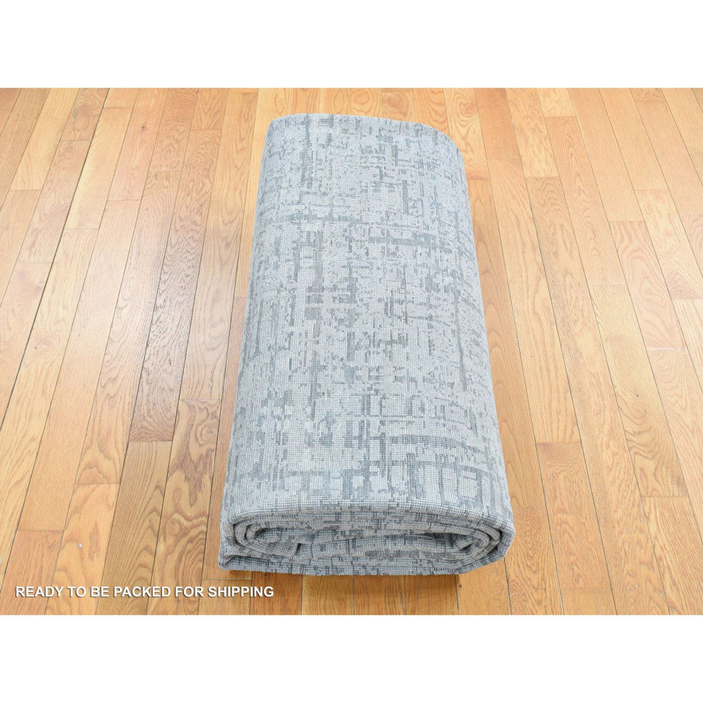 Medium Gray, THE MATRIX Design, Silk With Wool, Hand Knotted Rug, 9'2"x12'3"
