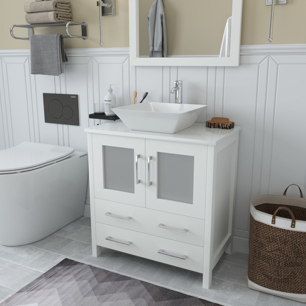 Vanity Art Vanity Set With Vessel Sink, White, 30", Standard Mirror
