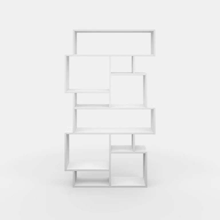 Modern Bookcase, Geometric Design With 10 Asymmetrical Open Shelves, White