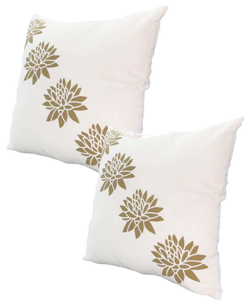 Benzara UPT-268971 Accent Pillow, Soft Cover, Printed Lotus Flower, Gold, White
