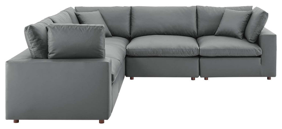 Commix Down Filled Overstuffed Vegan Leather 5-Piece Sectional Sofa - Gray