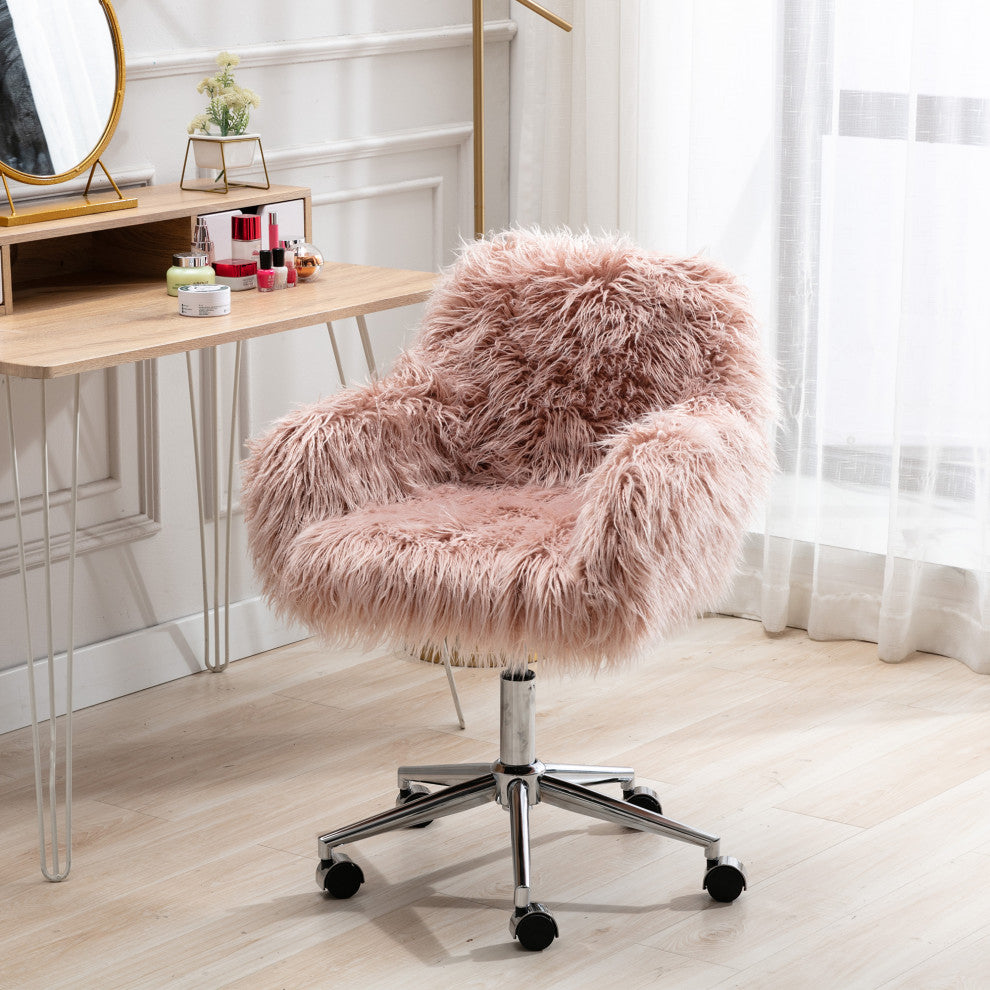 Modern Faux fur home office chair, fluffy chair for girls, Pink