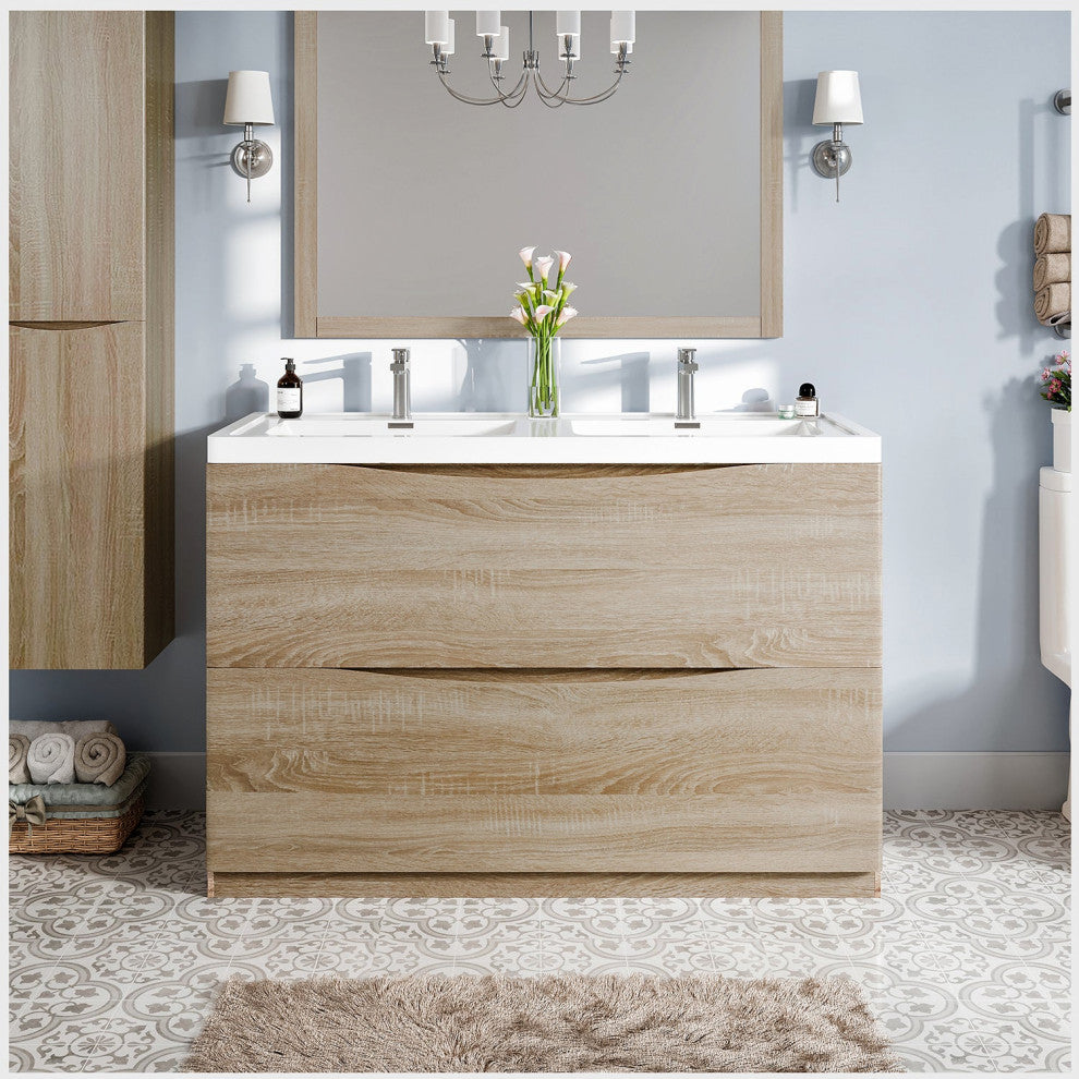 Eviva Smiley 48" White Oak Double Sink Bathroom Vanity, White Integrated Top