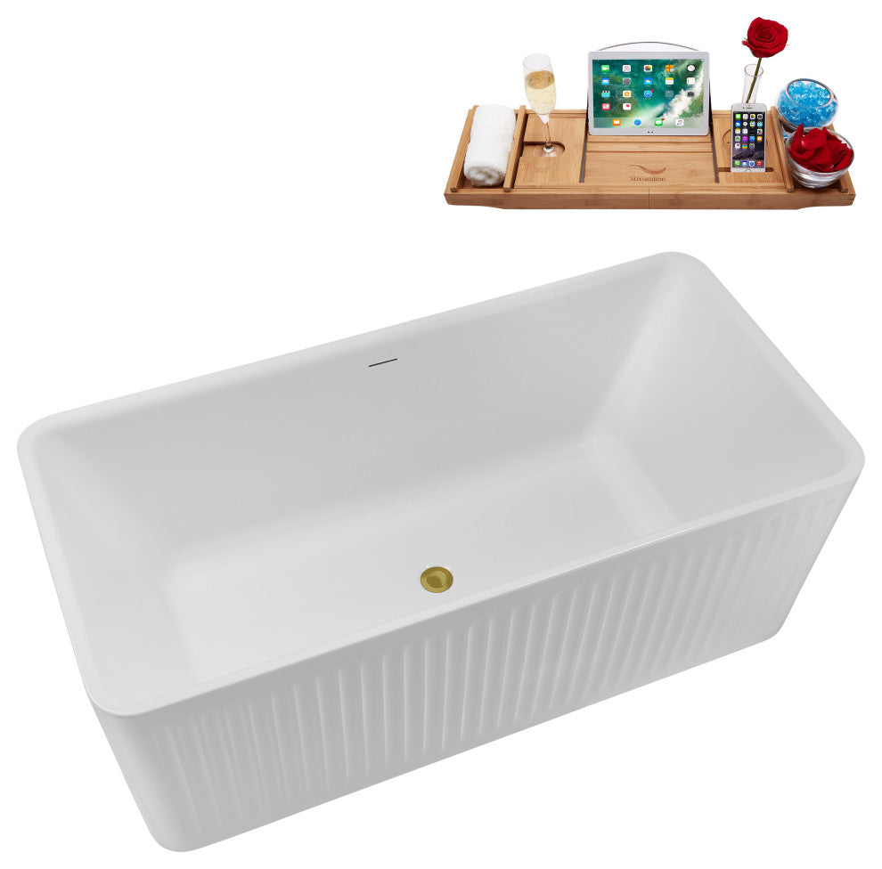 59" Streamline N5000BGL Soaking Freestanding Tub, Tray, Drain, Brushed Gold