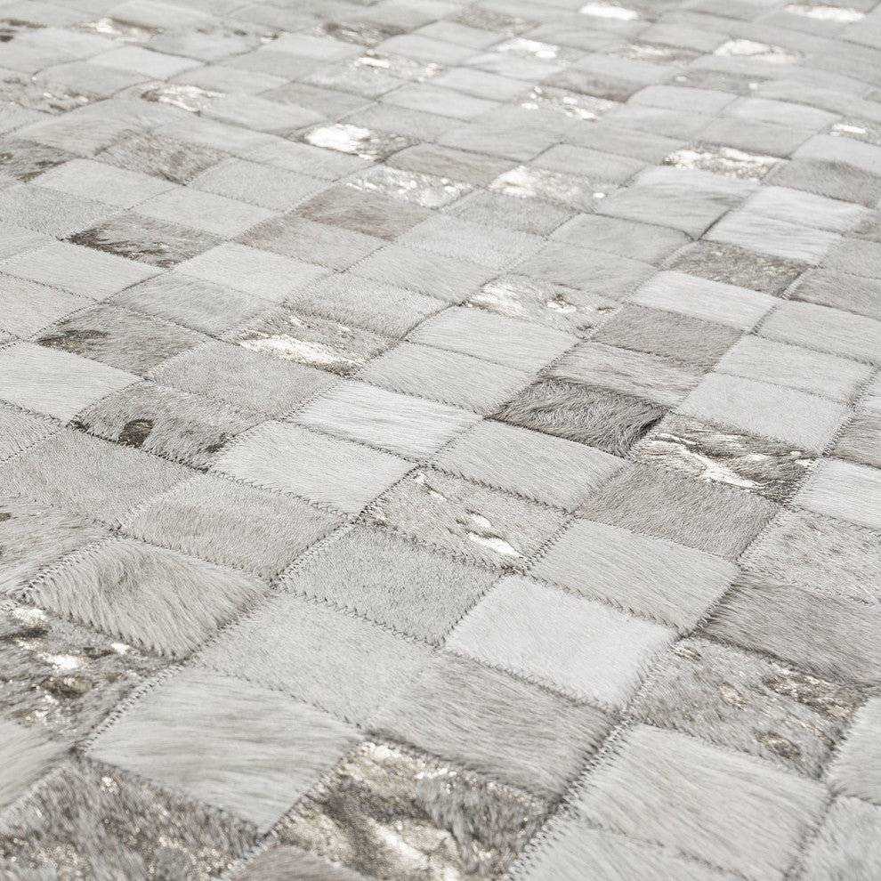Cowhide Patchwork Rug, Hera, Platinum, 9'x12'