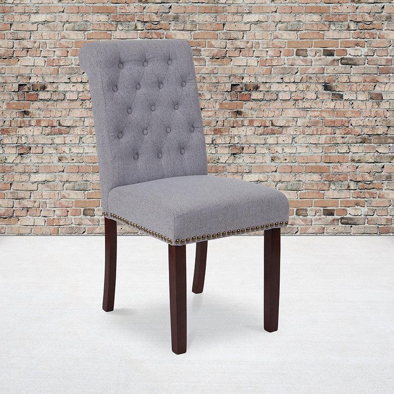 Light Gray Fabric Parsons Chair With Nail Head Trim and Walnut Finish