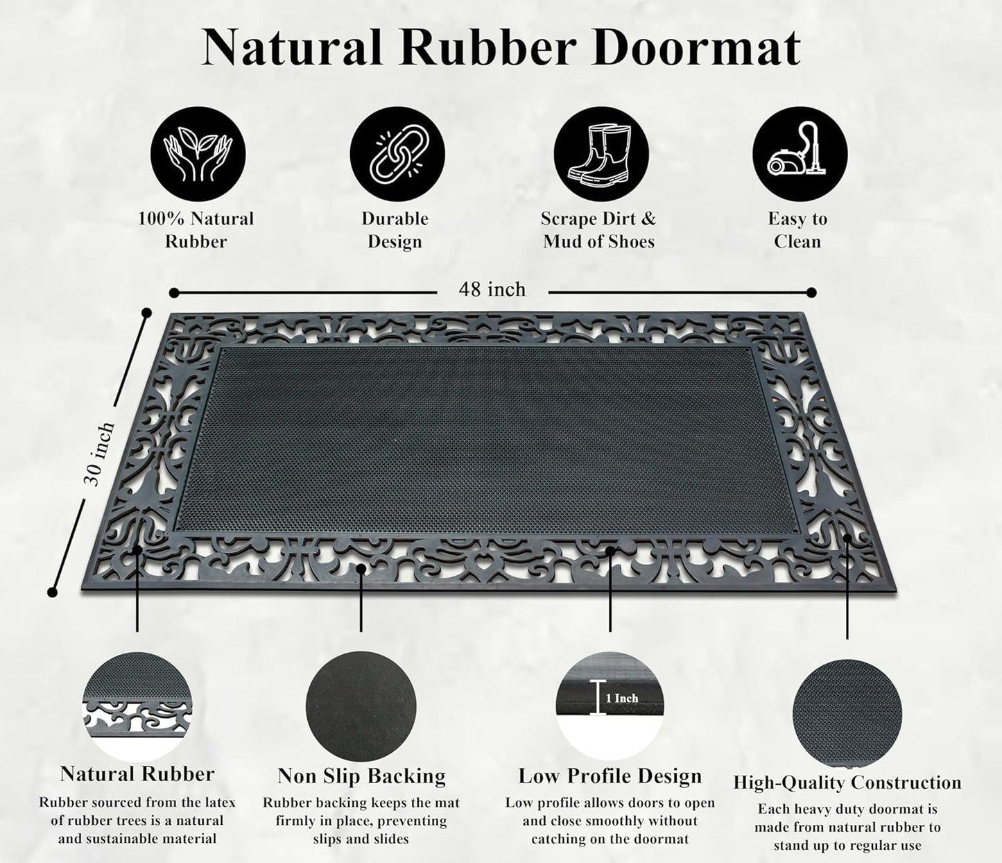 A1HC Rubber Pin Mat Paisley Border Heavy Duty Double Door Doormat 30"x48", Black