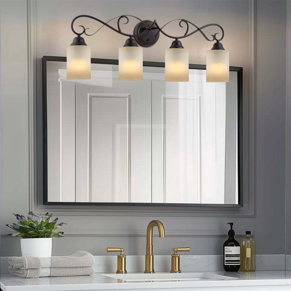 Kira Home Villa 31" Bathroom Light, Amber Frosted Glass Shades, Oil Rubbed