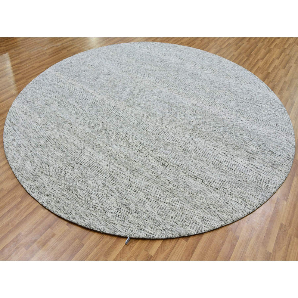 Goose Gray Undyed 100% Wool Hand Knotted Grass Design Round Rug, 9'5"x9'6"