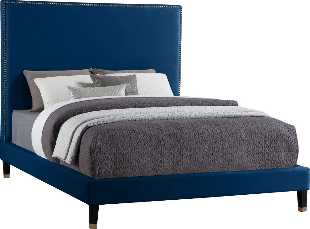 Harlie Velvet Upholstered Bed, Navy, Full