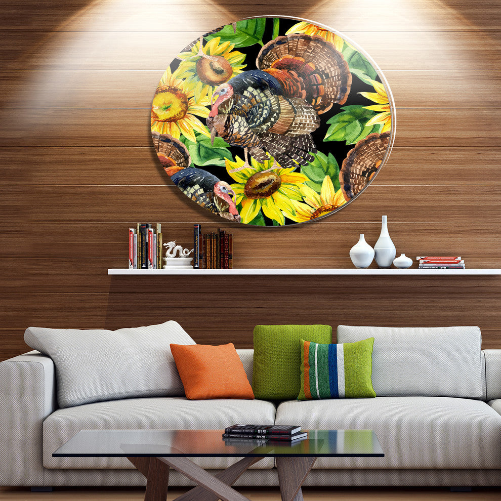 Turkey Bird With Sunflowers, Floral Wall Disc Metal Artwork, 23"