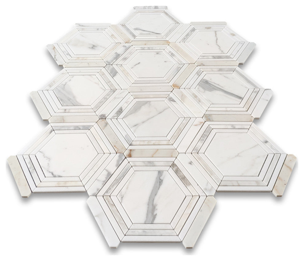 Calacatta Gold Marble Hexagon Georama Mosaic Tile Thassos White Honed, 1 sheet