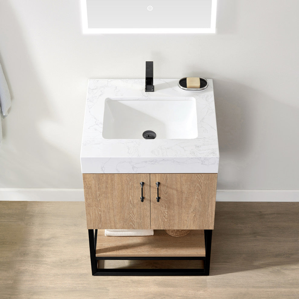 Alistair Vanity, North American Oak, Matte Black Hardware, 24", With Mirror