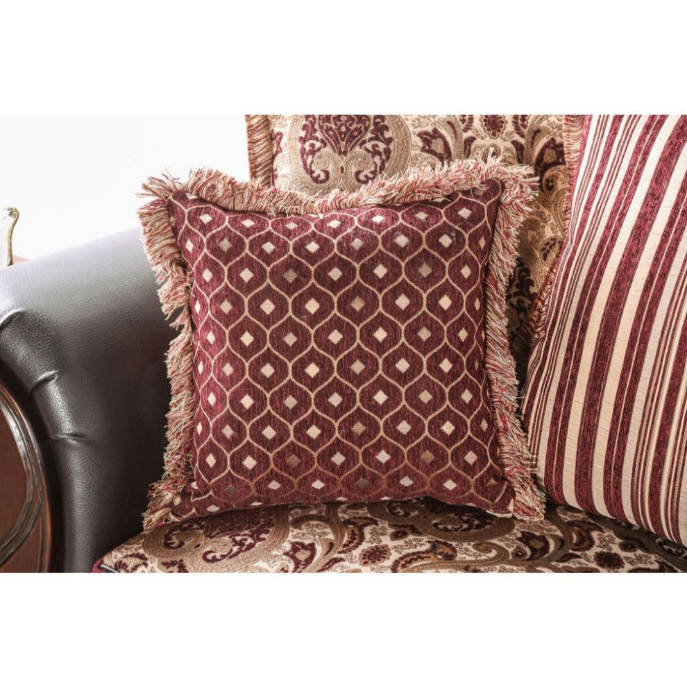 Fabric and Leatherette Chair with Rolled Arms Design, Burgundy