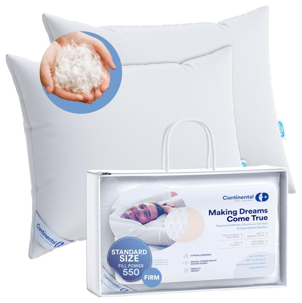 Continental Bedding - 550 Fill Power Down Pillow, Standard (Set of 2), Firm
