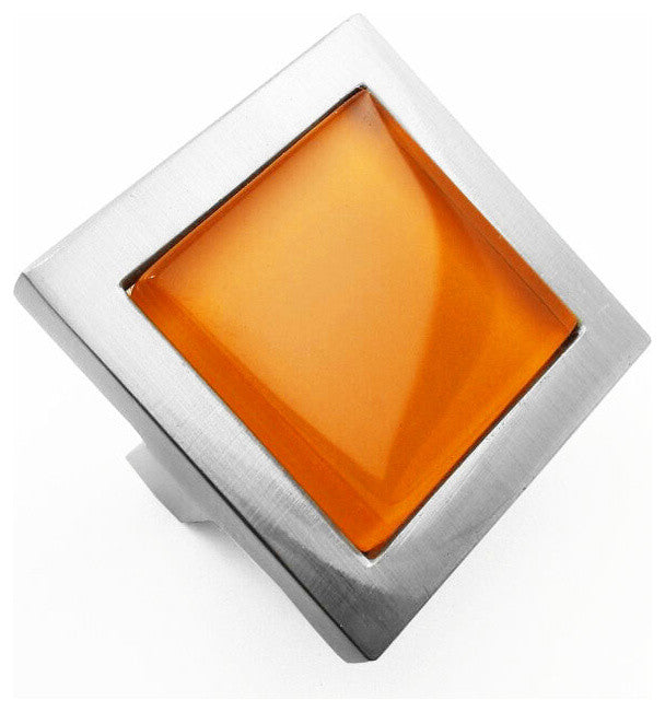 Persimmon Orange Crystal Glass Brushed Nickel Square Manor Knob