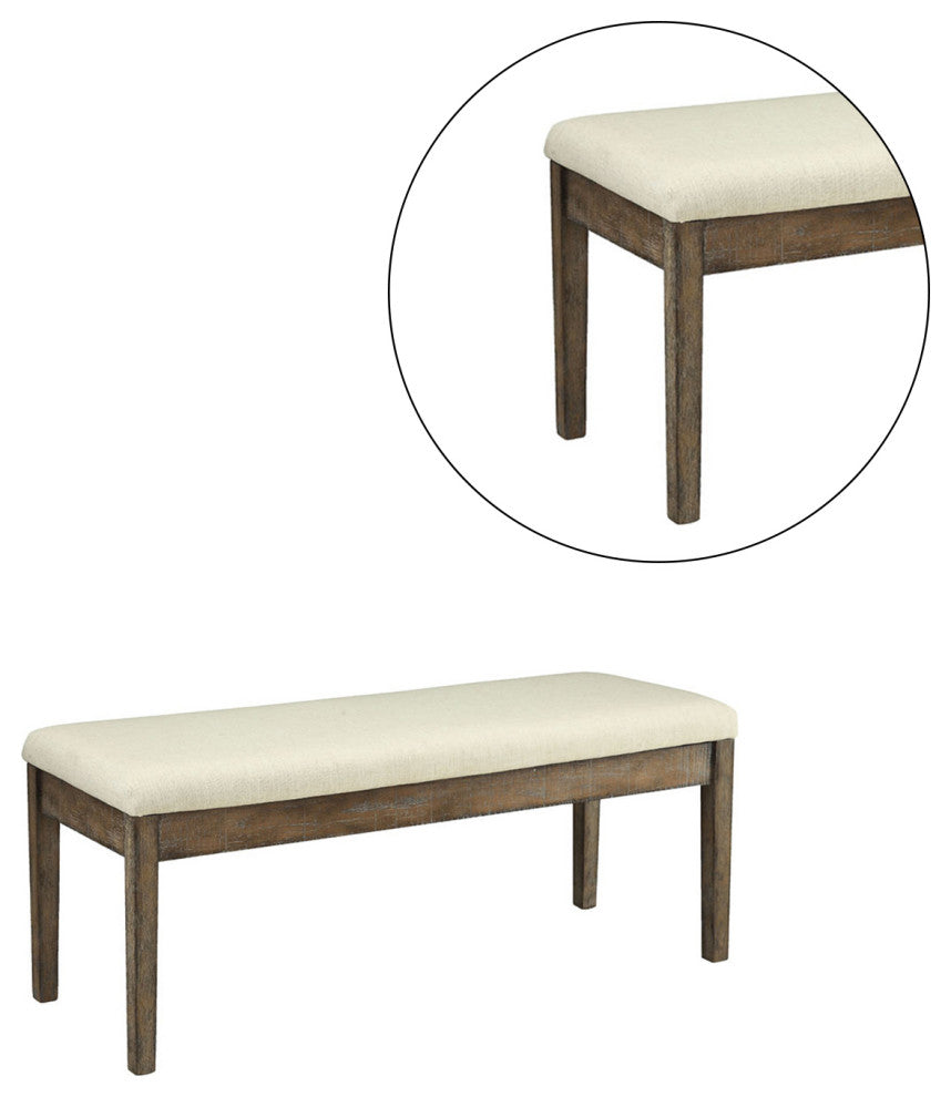 Beige Linen Dining Bench, Salvage Brown Finish