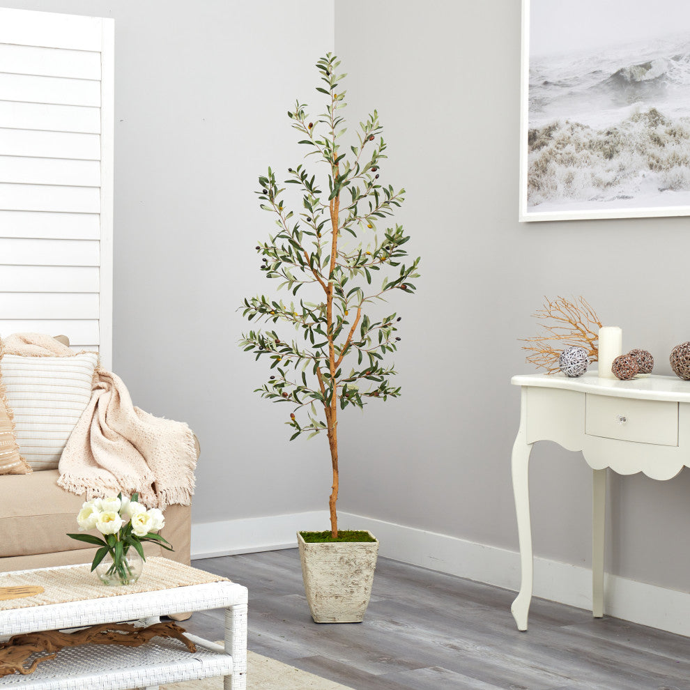 70" Olive Artificial Tree, Country White Planter