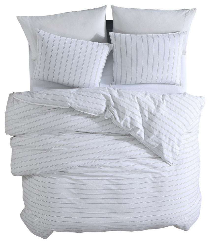 3 Piece King Comforter Set with Pinstripe Pattern, White and Black