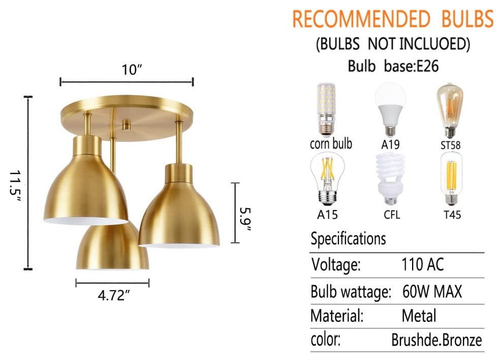 3 Light Close To Ceiling Light Fixture, Bronze Finish, Modern Semi Flush Mount